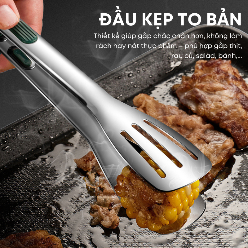 Kẹp Gắp Thức Ăn Inox Cao Cấp 3 Size Tiện Dụng - Đầu Kẹp Tròn 3 Khía Bản To - Tay Cầm Chống Nóng Màu Xanh Bắc Âu| 017