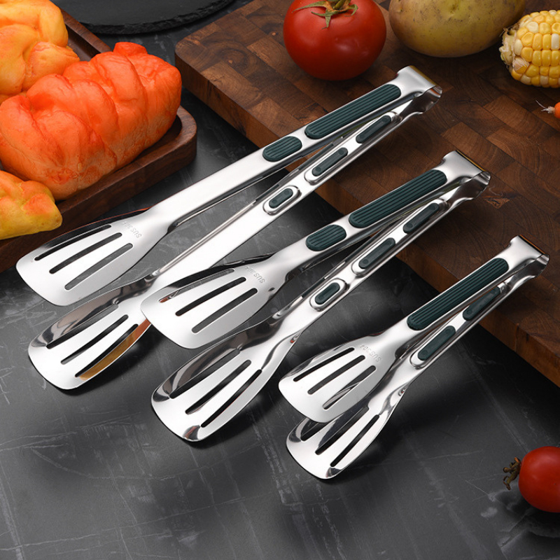 Kẹp Gắp Thức Ăn Inox Cao Cấp 3 Size Tiện Dụng - Đầu Kẹp Tròn 3 Khía Bản To - Tay Cầm Chống Nóng Màu Xanh Bắc Âu| 017