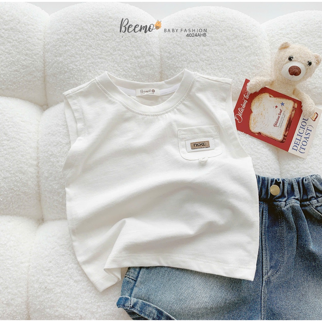 Áo ba lỗ cotton phối túi tag da bé trai, áo cotton xước mềm mát cho bé 4024AHB