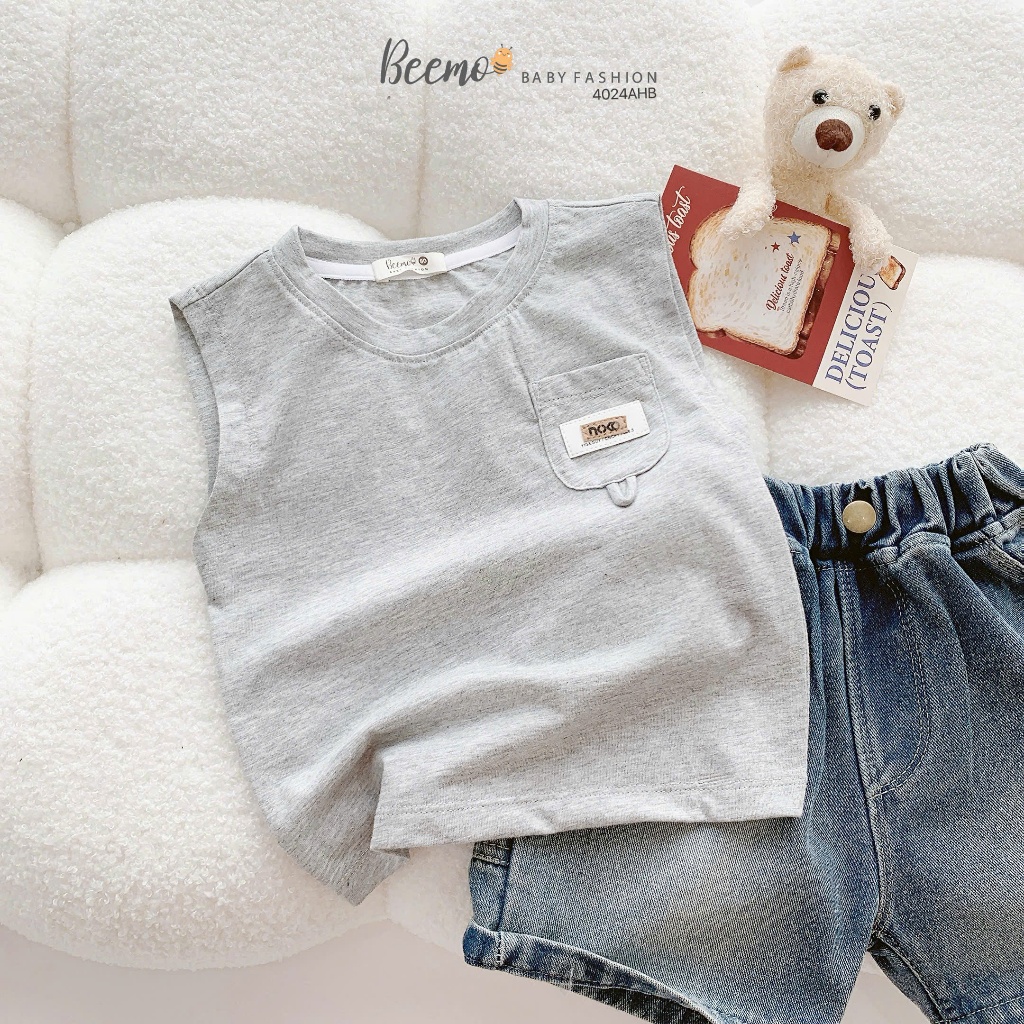 Áo ba lỗ cotton phối túi tag da bé trai, áo cotton xước mềm mát cho bé 4024AHB