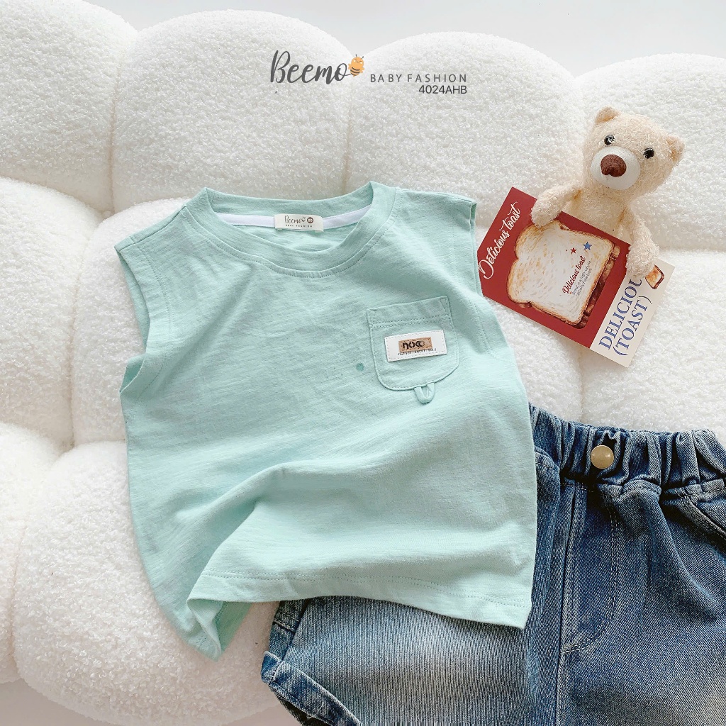 Áo ba lỗ cotton phối túi tag da bé trai, áo cotton xước mềm mát cho bé 4024AHB