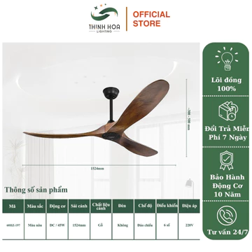 Quạt Trần 3 Cánh Gỗ Thịnh Hoa, Quạt Trần Có Điều Khiển, Động Cơ Lõi Đồng, Đảo Chiều, Bảo Hành 10 Năm