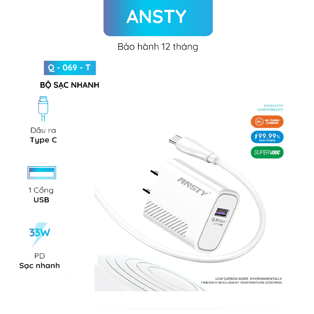 Bộ Cóc Cáp Sạc Nhanh Ansty Q-069 QC3.0 33W Cổng USB Kèm Dây Type-C Hỗ ...