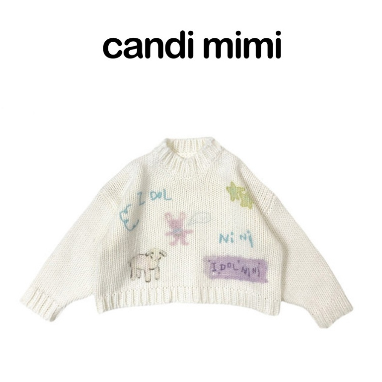 CANDI MIMI Áo len dài tay in hình ngộ nghĩnh - Phong cách Hàn Quốc