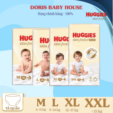 Tã quần/ Tã Dán Huggies Skin Perfect Mega Jumbo M98+4/ L88+4/XL72+4/XXL64+4 với 2 vùng thấm giảm kích ứng da