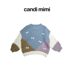 CANDI MIMI Áo len dài tay cao cấp pha màu đính nơ - Phong cách Hàn Quốc