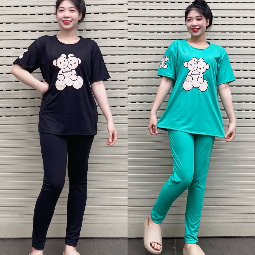 Đồ bộ nữ mặc nhà ESHOP đồ bộ mặc nhà bigsize áo thun cotton gấu thêu quần đùi caro dễ thương đi chơi ngủ cute DB50