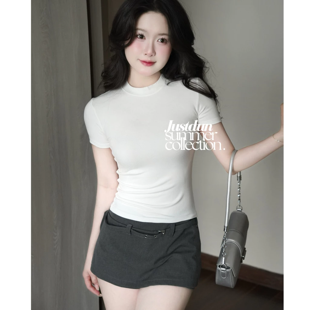 Áo Thun Nữ Ôm Body JUSTDUN B18 Cổ Tròn Tay Ngắn, Cotton Mịn Co Giãn 4 Chiều, Mềm Mại Thoáng Khí