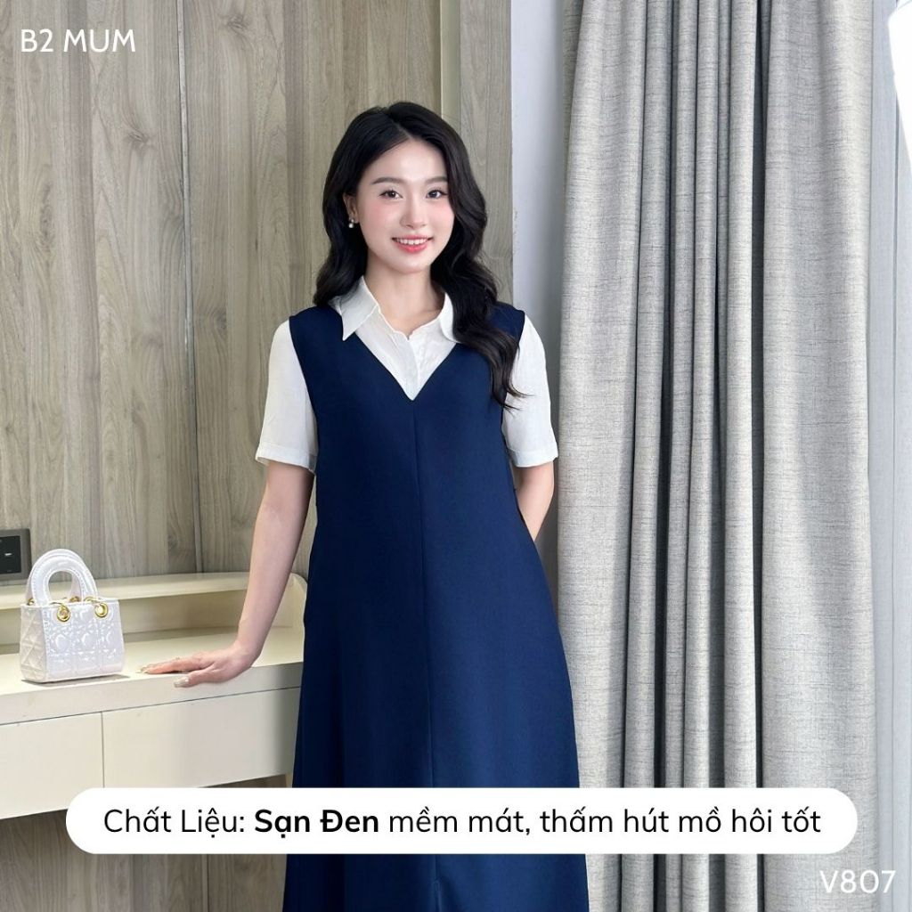 Váy bầu thiết kế: Yếm dáng dài dáng A cổ V basic dài qua gối phù hợp đi làm đi chơi - V807 B2MUM ( Yếm rời áo )