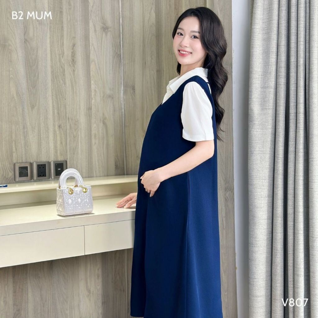 Váy bầu thiết kế: Yếm dáng dài dáng A cổ V basic dài qua gối phù hợp đi làm đi chơi - V807 B2MUM ( Yếm rời áo )