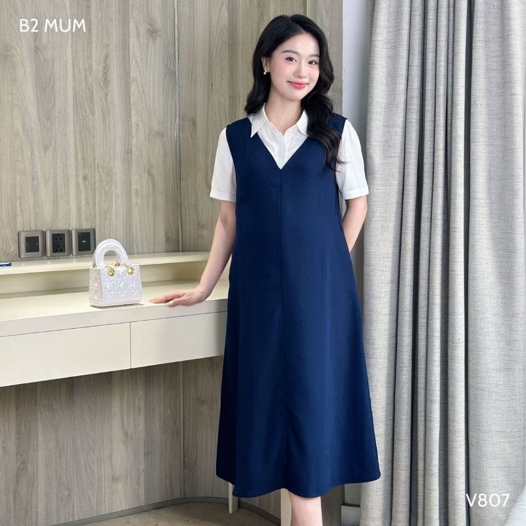 Váy bầu thiết kế: Yếm dáng dài dáng A cổ V basic dài qua gối phù hợp đi làm đi chơi - V807 B2MUM ( Yếm rời áo )