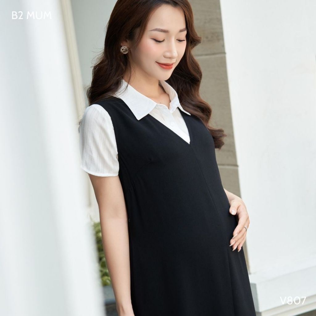 Váy bầu thiết kế: Yếm dáng dài dáng A cổ V basic dài qua gối phù hợp đi làm đi chơi - V807 B2MUM ( Yếm rời áo )