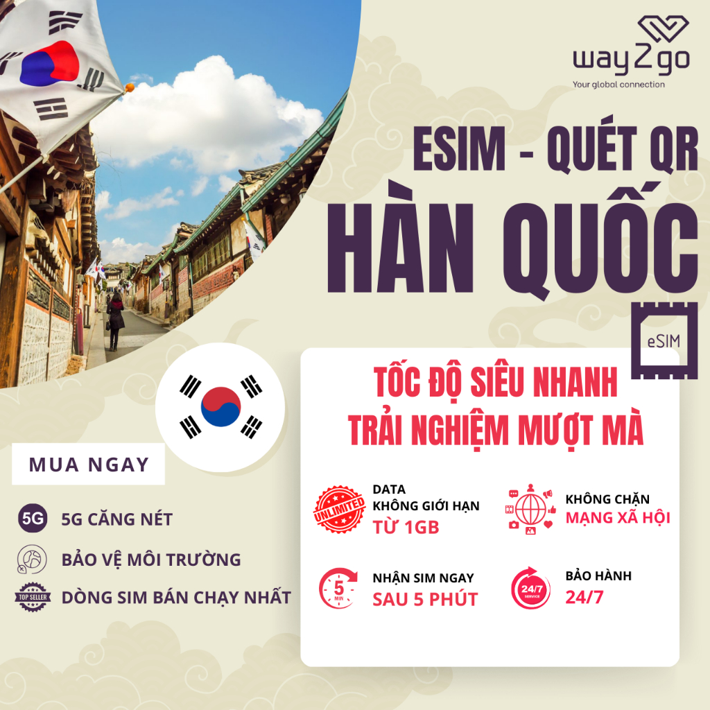 ESIM Hàn Quốc, sim mạng Way2go dùng tại Hàn 7 - 30 ngày tốc độ cao 4G ...