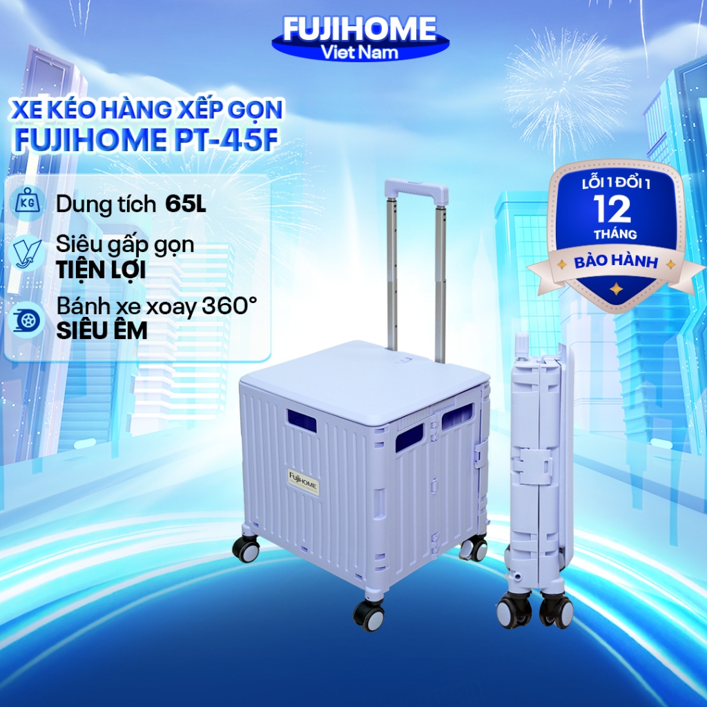 Xe kéo 4 bánh đi chợ siêu thị gấp gọn nhập khẩu Fujihome PT-45F, xe đẩy hàng hộp vali 65L xếp gọn đa năng