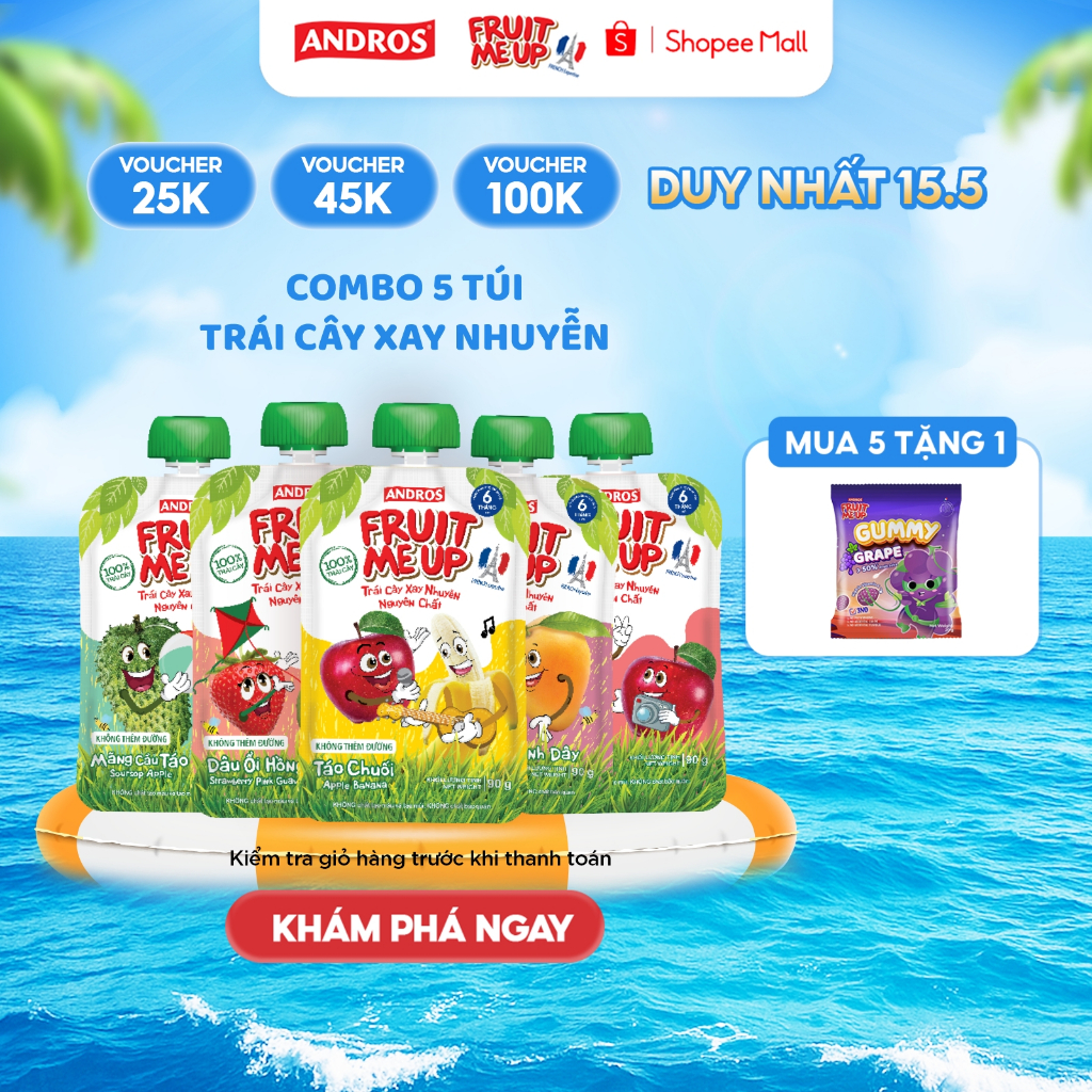 Ảnh Combo 5 Túi Trái Cây Xay Nhuyễn Nguyên Chất - 100% trái cây thật - ANDROS FRUIT ME UP - 90gx5 1