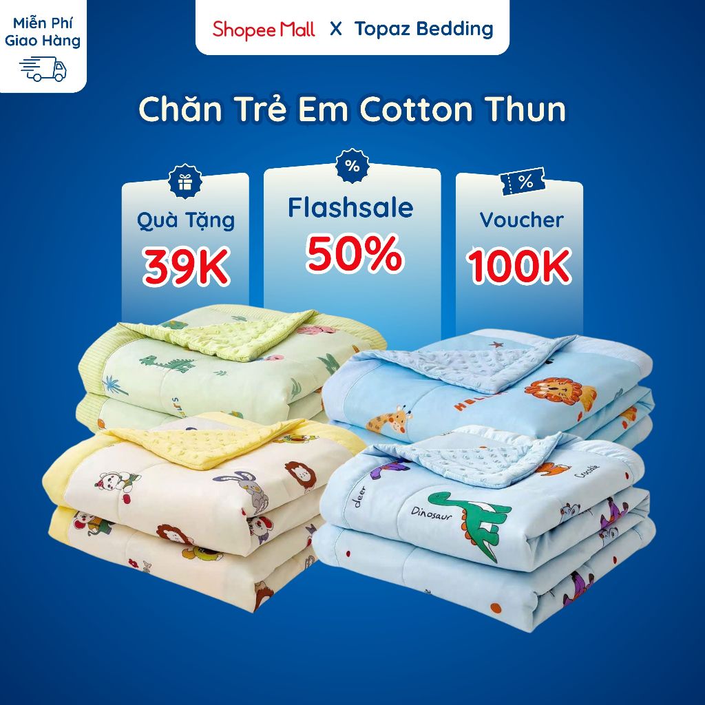 Chăn Cho Bé TOPAZ Nhập Khẩu, Chất Liệu Cotton Thun Lạnh Mềm Mại Thoáng Khí Lành Tính Giao Ngẫu Nhiên