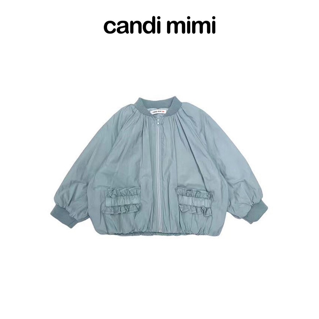 CANDI MIMI Áo khoác xanh nhạt kéo khoá túi cách điệu - Phong cách Hàn Quốc