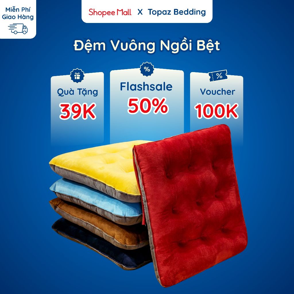 Đệm vuông ngồi bệt chính hãng TOPAZ vải nhung kích cỡ 40 cm x 40 cm cho bạn cảm giác mềm mại êm ái khi ngồi