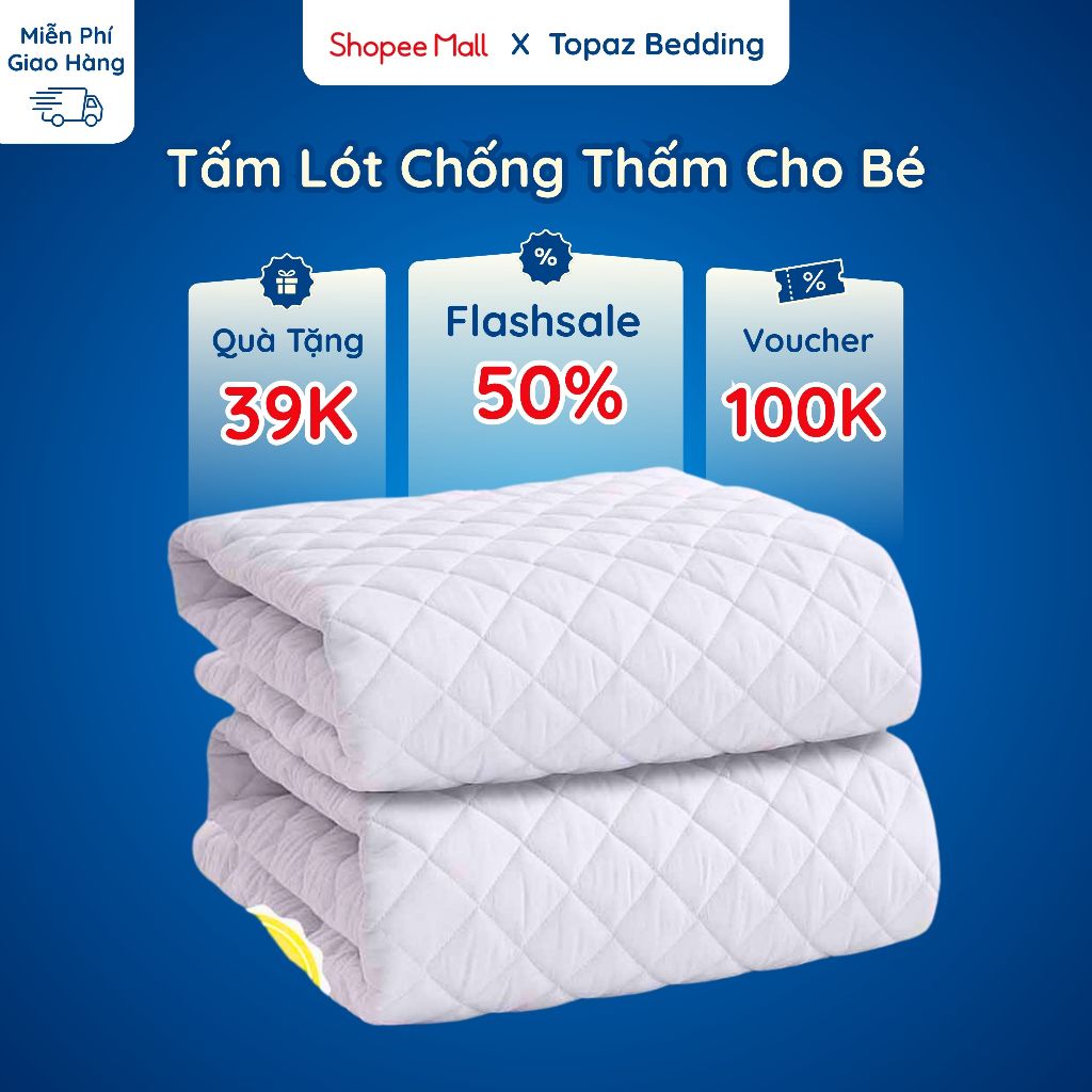 Tấm lót chống thấm cho bé 80 x 120 cao cấp 3 lớp chính hãng TOPAZ mềm mại thoáng khí giúp bé không cần đóng bỉm khi ngủ