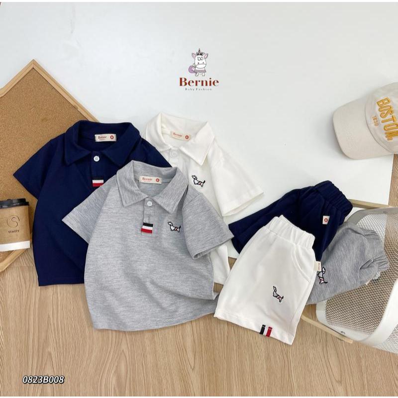 (HÃNG BERNIE)Bộ Polo thông hơi co giãn mềm mát tay cộc thêu cún 2 màu cho bé trai size 9-23kg