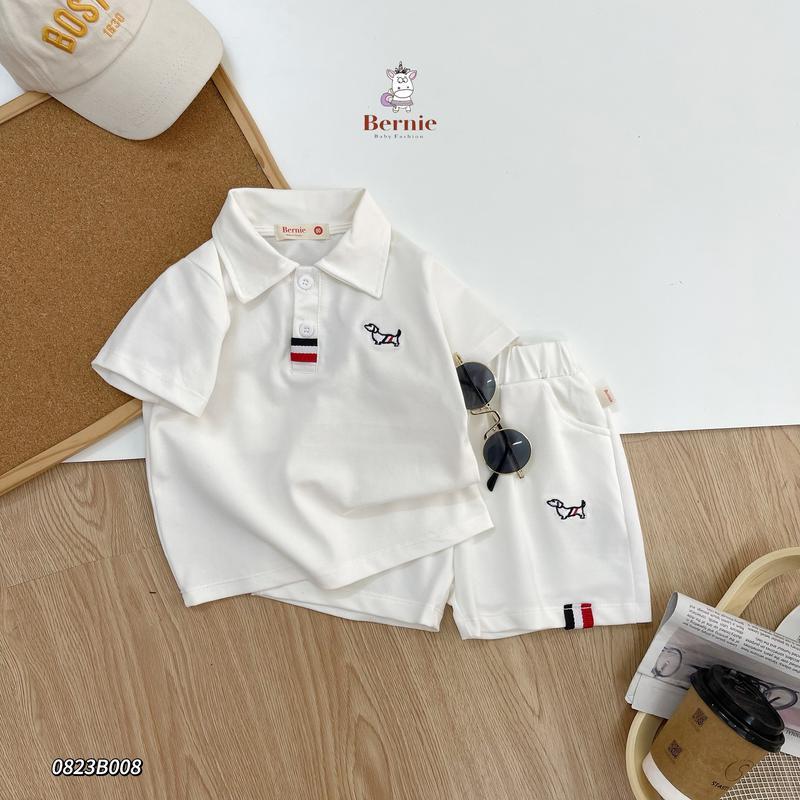 (HÃNG BERNIE)Bộ Polo thông hơi co giãn mềm mát tay cộc thêu cún 2 màu cho bé trai size 9-23kg