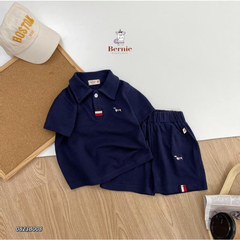 (HÃNG BERNIE)Bộ Polo thông hơi co giãn mềm mát tay cộc thêu cún 2 màu cho bé trai size 9-23kg