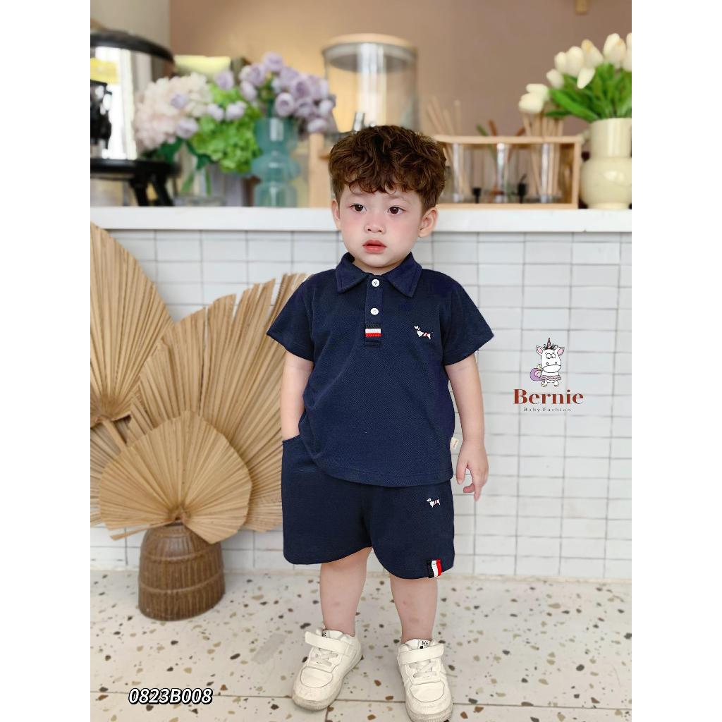(HÃNG BERNIE)Bộ Polo thông hơi co giãn mềm mát tay cộc thêu cún 2 màu cho bé trai size 9-23kg