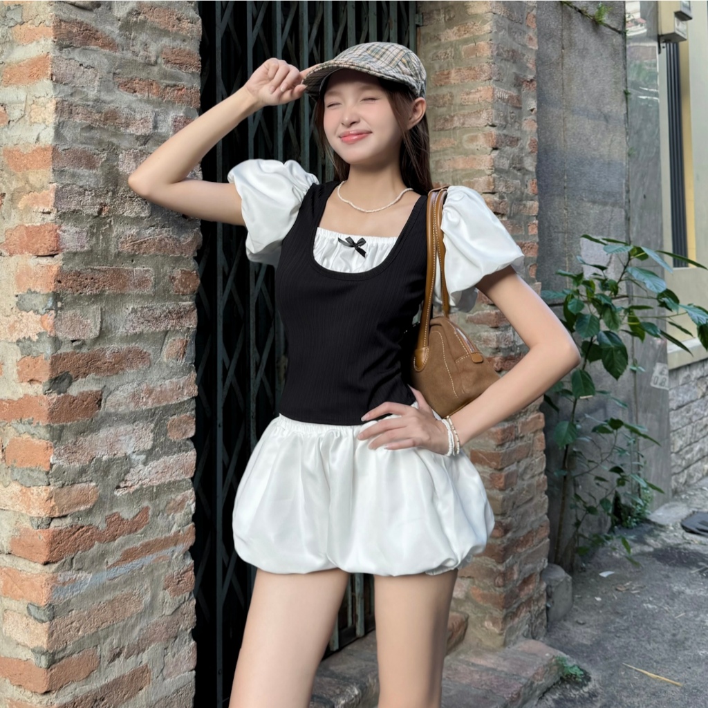 Áo body LOLI form ôm body tôn dáng Phong cách Coquette tay phồng bồng bềnh FFCLUB mix