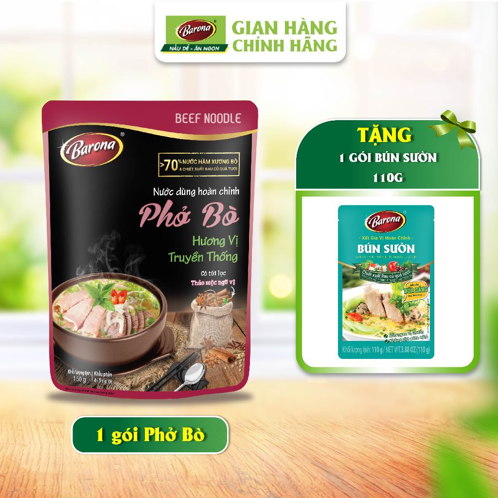 Ảnh Nước Dùng Phở Bò Barona 150g tươi ngon chuẩn vị không cần nêm nếm [Tặng 1 Gói Bún Sườn 110g, HSD:12/2025] 1