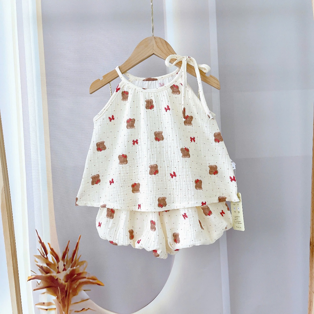 Bộ hai dây bé gái mặc hè xô muslin Lá Homewear A243, bộ yếm quần bí bé gái babydoll dễ thương kuromi thỏ gấu
