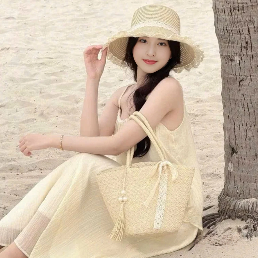 Set Mũ Cói Viền Ren + Túi Cói Vintage Có Khóa Kéo Size Vừa, Tua Rua Mix Ngọc Nơ Ren Đi Biển