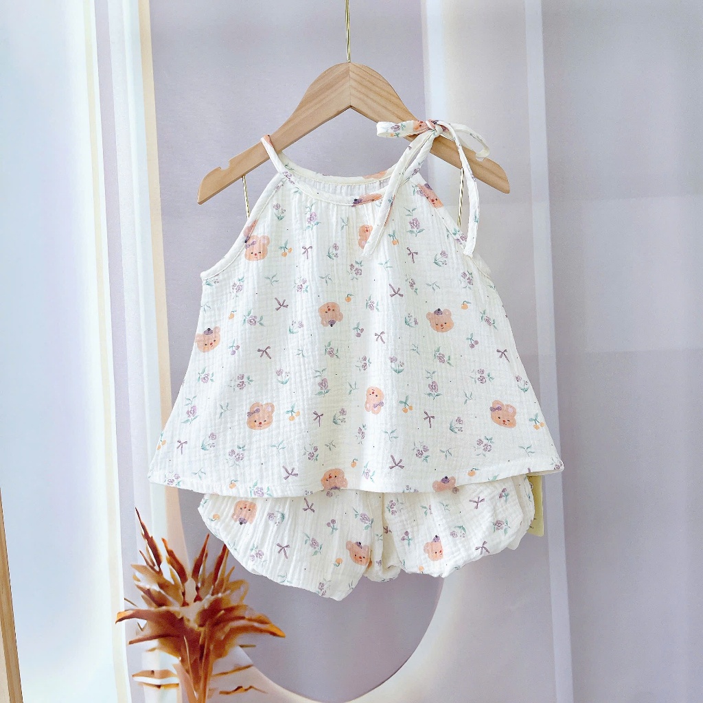 Bộ hai dây bé gái mặc hè xô muslin Lá Homewear A243, bộ yếm quần bí bé gái babydoll dễ thương kuromi thỏ gấu