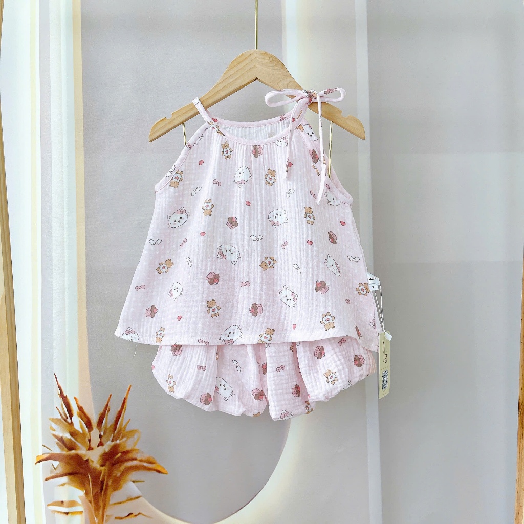 Bộ hai dây bé gái mặc hè xô muslin Lá Homewear A243, bộ yếm quần bí bé gái babydoll dễ thương kuromi thỏ gấu