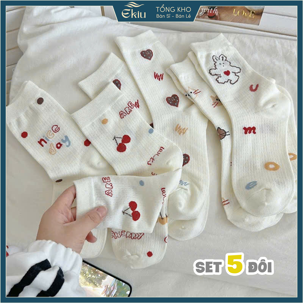 Tất vớ nữ be nhạt cổ lửng họa tiết dễ thương đáng yêu, chất liệu mềm mịn thoáng khí - Ekiu Shop