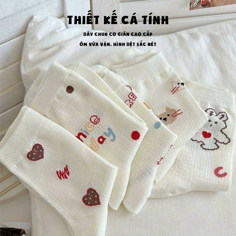 Tất vớ nữ be nhạt cổ lửng họa tiết dễ thương đáng yêu, chất liệu mềm mịn thoáng khí - Ekiu Shop