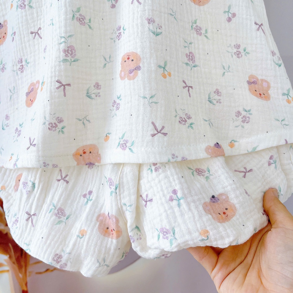 Bộ hai dây bé gái mặc hè xô muslin Lá Homewear A243, bộ yếm quần bí bé gái babydoll dễ thương kuromi thỏ gấu
