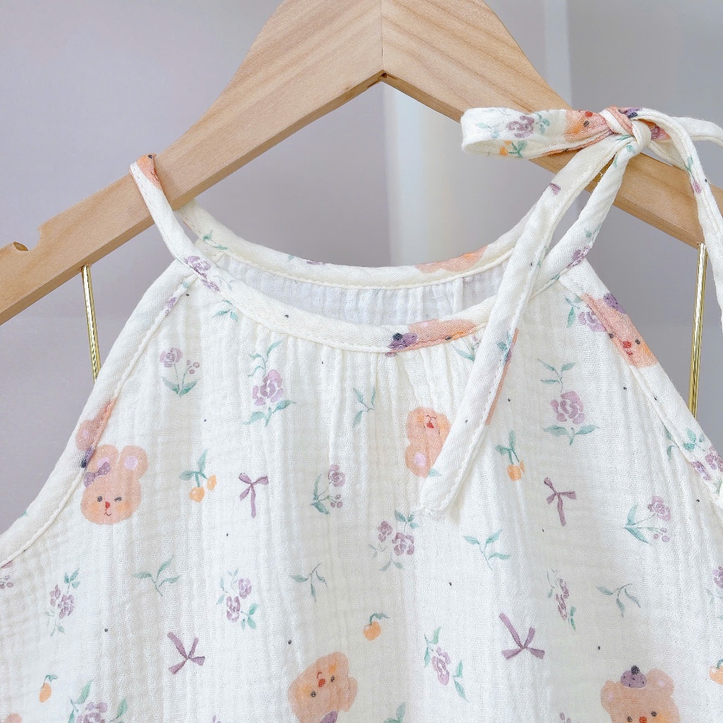 Bộ hai dây bé gái mặc hè xô muslin Lá Homewear A243, bộ yếm quần bí bé gái babydoll dễ thương kuromi thỏ gấu