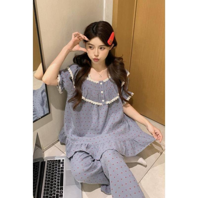 Bộ ngủ cotton nữ cao cấp quần dài tay ngắn phối ren dễ, bộ pijama nữ mặc nhà dễ thương chất đũi cotton mát mẻ HCOM26095