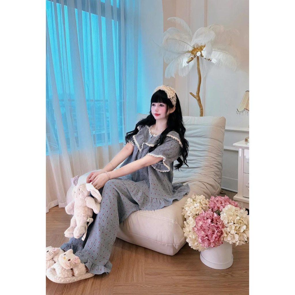 Bộ ngủ cotton nữ cao cấp quần dài tay ngắn phối ren dễ, bộ pijama nữ mặc nhà dễ thương chất đũi cotton mát mẻ HCOM26095