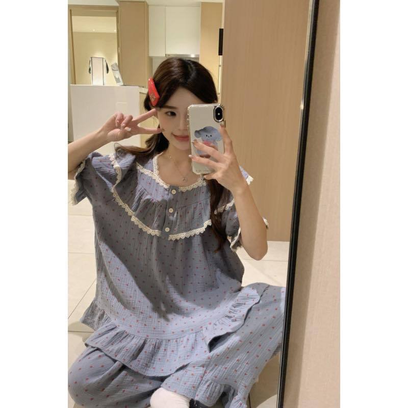 Bộ ngủ cotton nữ cao cấp quần dài tay ngắn phối ren dễ, bộ pijama nữ mặc nhà dễ thương chất đũi cotton mát mẻ HCOM26095