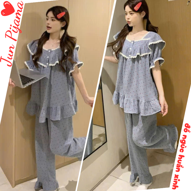 Bộ ngủ cotton nữ cao cấp quần dài tay ngắn phối ren dễ, bộ pijama nữ mặc nhà dễ thương chất đũi cotton mát mẻ HCOM26095