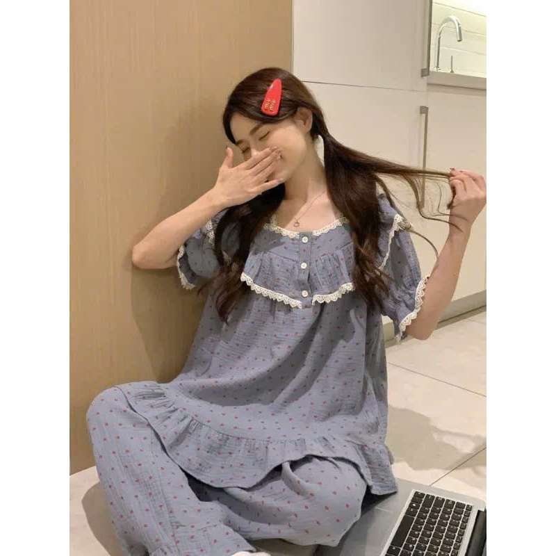 Bộ ngủ cotton nữ cao cấp quần dài tay ngắn phối ren dễ, bộ pijama nữ mặc nhà dễ thương chất đũi cotton mát mẻ HCOM26095