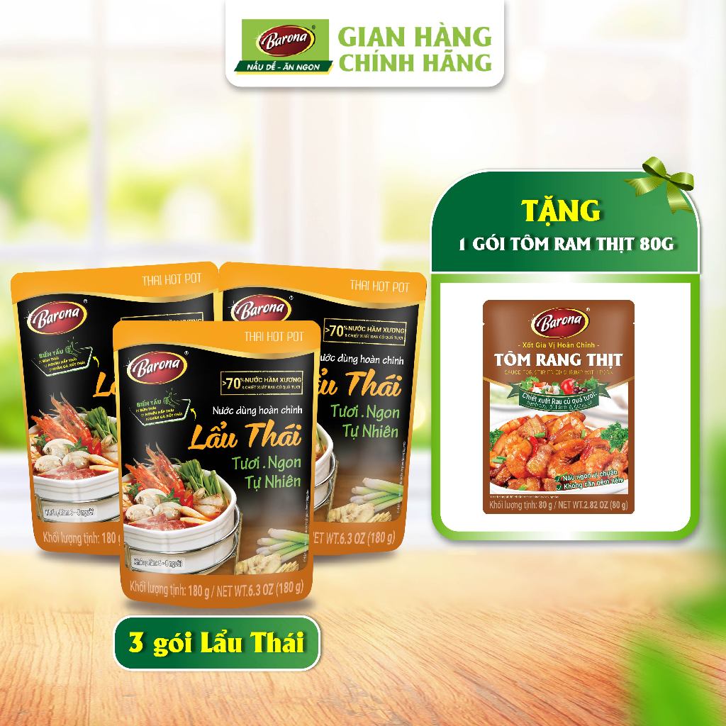 Ảnh Combo 3 Gói Nước Dùng Lẩu Thái Barona 180 tươi ngon chuẩn vị không cần nêm nếm[Tặng 1 Gói Tôm Rang Thịt 80g,HSD:11/2025] 1