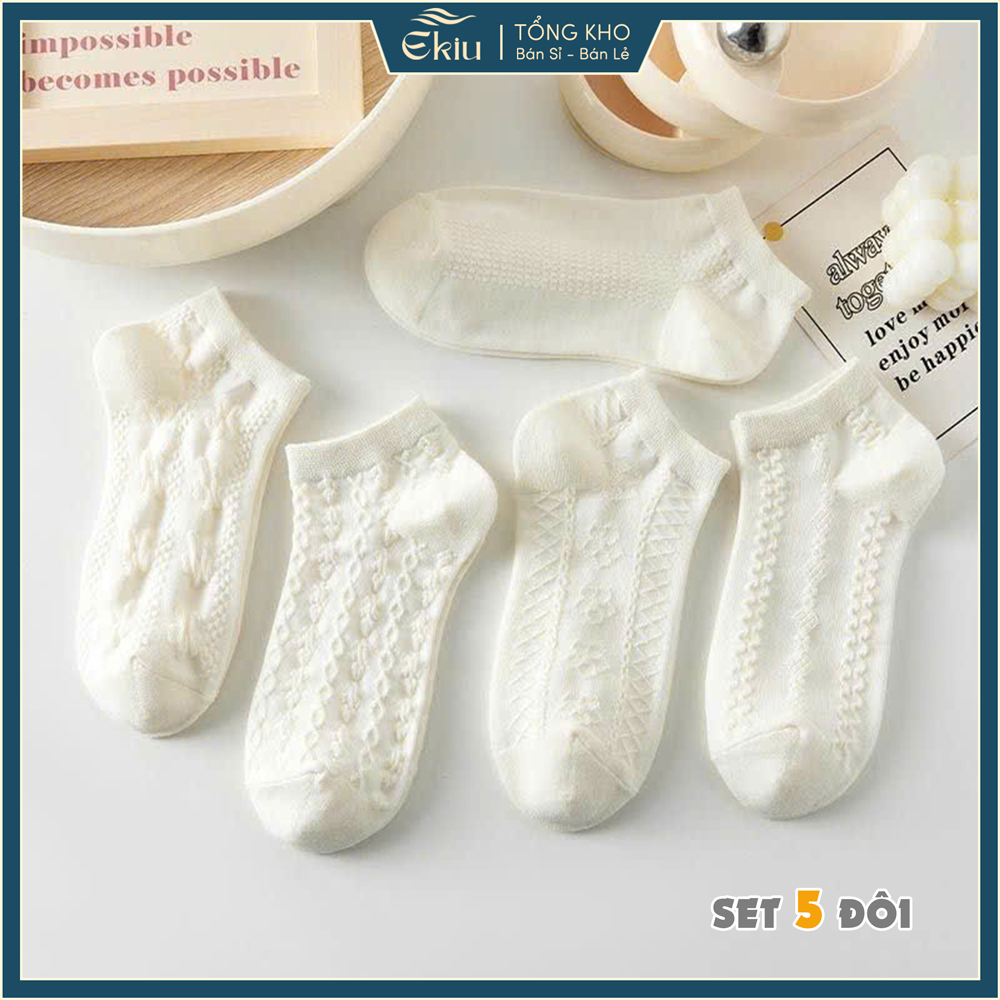Tất vớ nữ cổ ngắn phong cách tiểu thu lolita dễ thương, họa tiết dệt nổi thoáng khí - Ekiu Shop
