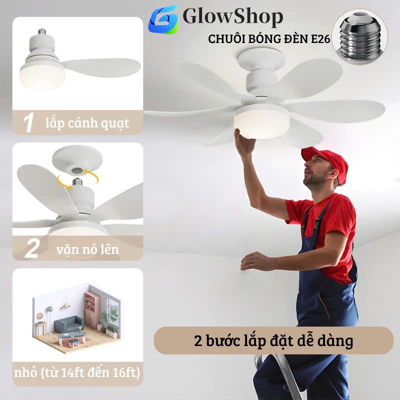 Quạt Trần 6 Cánh Có Điều Khiển 3 Cấp Độ Gió, 3 Chế Độ Ánh Sáng Ko Kèm Đui Trần
