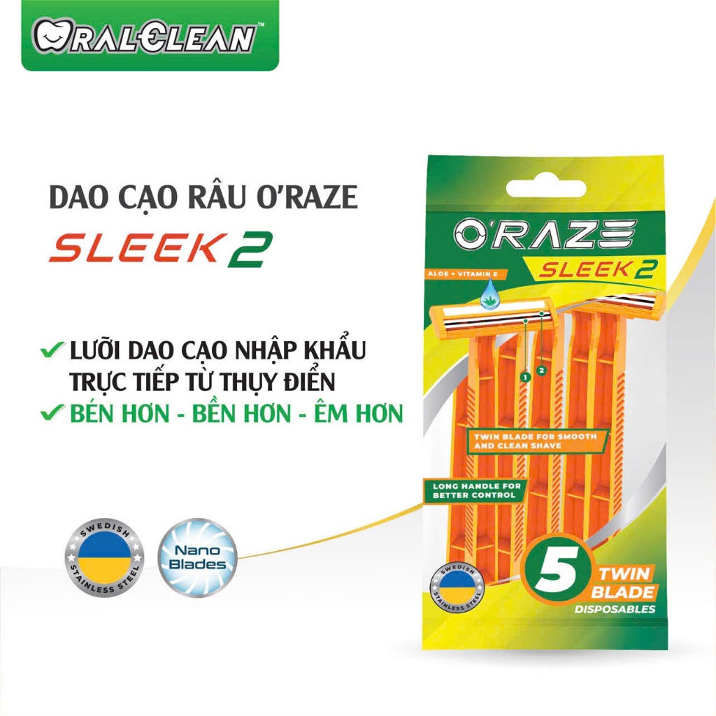 Dao Cạo Râu 2 Lưỡi O'Raze Sleek 2 Lưỡi Thép Thụy Điển Cán Dài Tiện Lợi ...