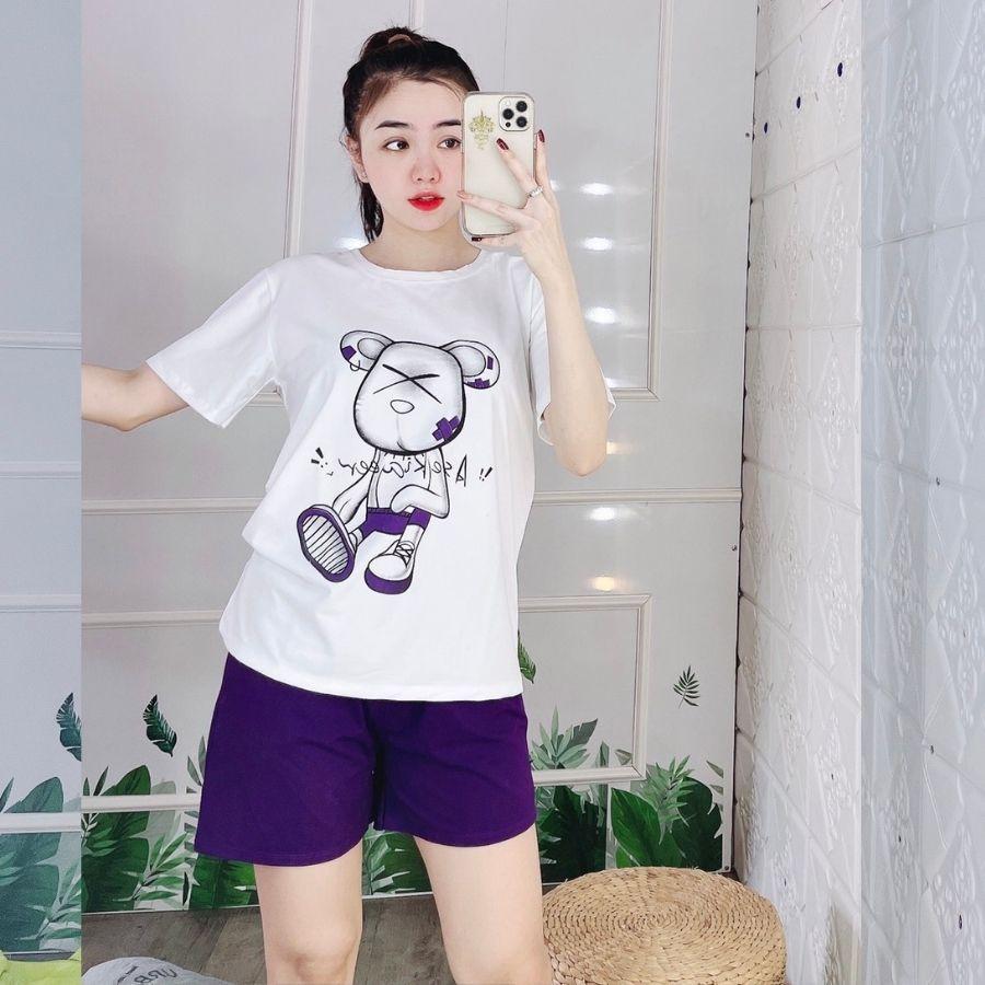 Đồ bộ nữ đồ mặc nhà Bigsize thun cotton chữ thêu quần đùi carô co giãn Sét đồ bộ nữ dễ thương trung niên ESHOP DB19