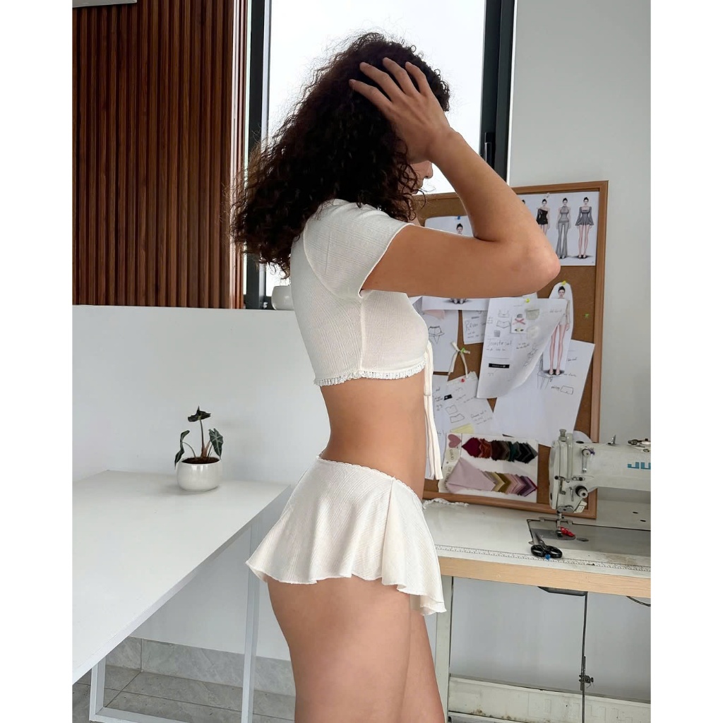 [Sẵn-HỎA TỐC HÀ NỘI] Set 2 món crotop tay ngắn cổ tròn kèm quần short ngắn phối ren sexy cho nữ