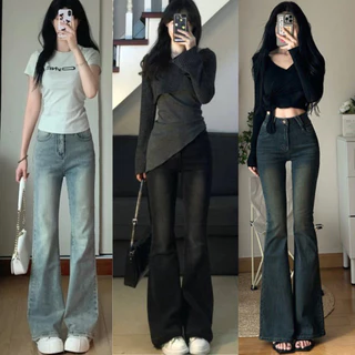 Quần jean nữ ống loe MIAA Cạp Cao Đứng Co Giãn Màu Xanh mài RETRO, quần bò loe đen loang dài nữ cạp cao cực tôn dáng