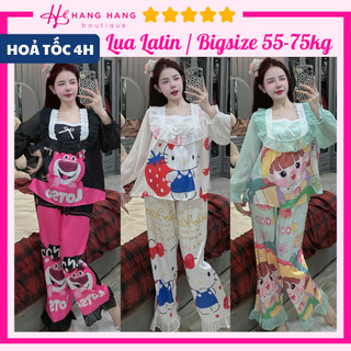 Đồ ngủ nữ bigsize 55-75kg, pijama dài tay voan cổ vuông lụa latin mịn mát 75DD06, đồ bộ nữ đồ mặc nhà tiểu thư dễ thương